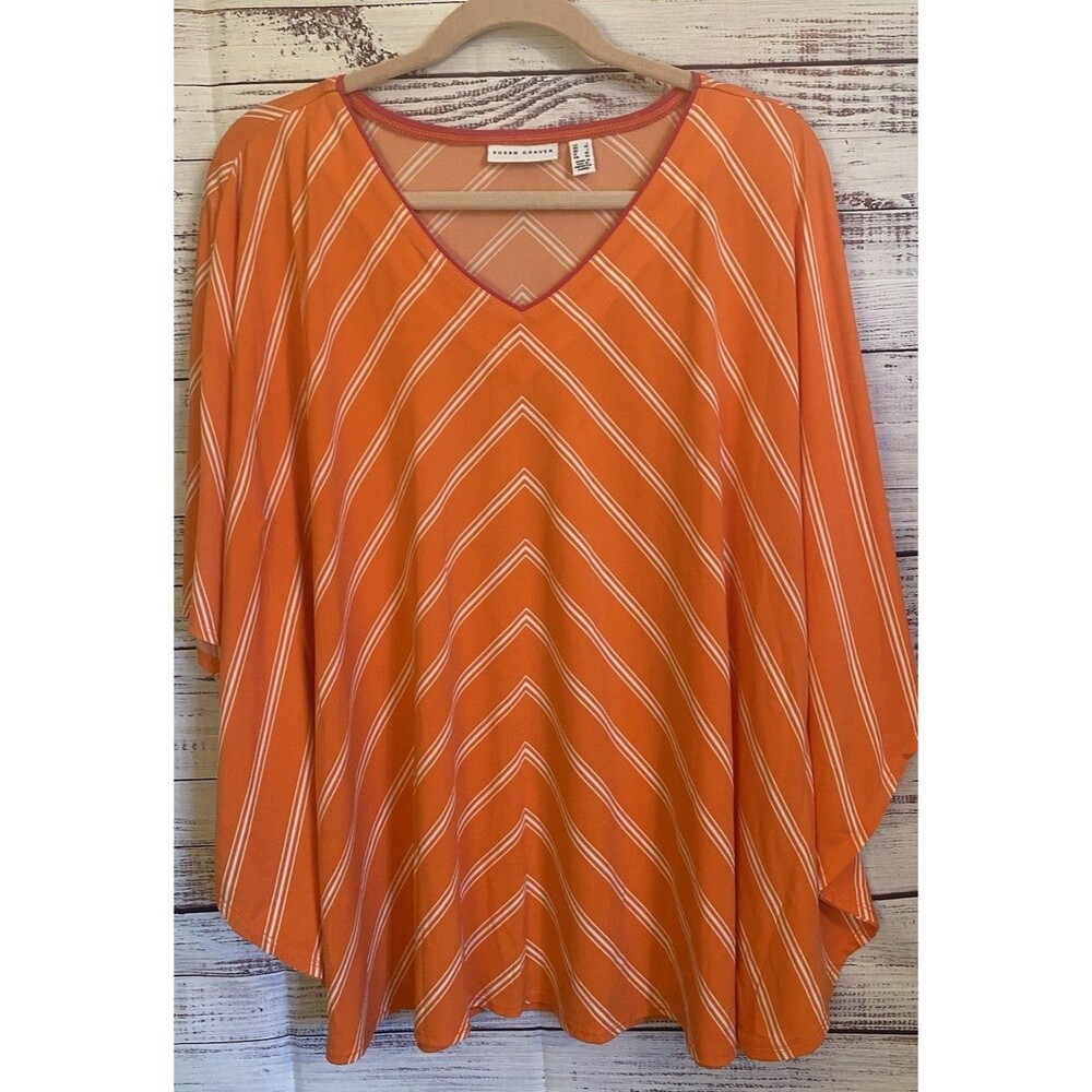 Susan Graver  Striped Liquid Knit V-Neck Scarf Butterfly Sleeve Top Size large
